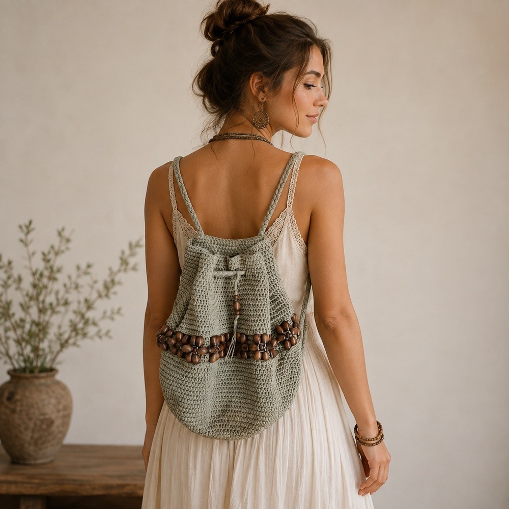 Boho Hand crochet Drawstring Wooden Beads bucket‎ crossbody bag Backpack